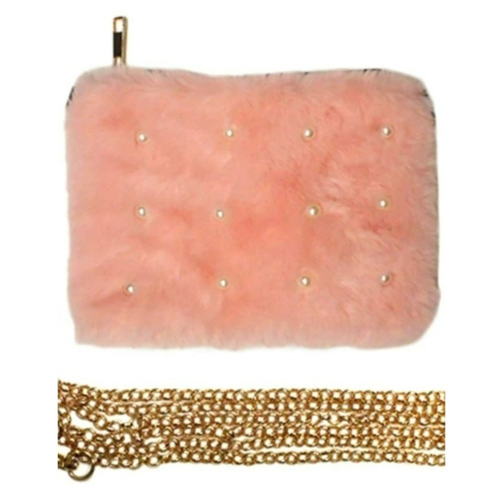 Jennifer and Co Faux Fur Pearl Embellished Convertible Crossbody Pink NWT